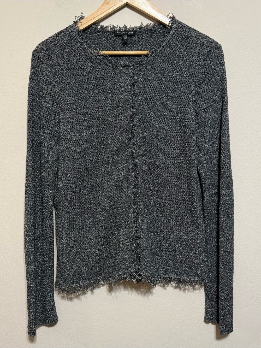 Eileen Fisher Cardigan Women's Linen Cotton Fringe Trimmed Gray Snap Front M